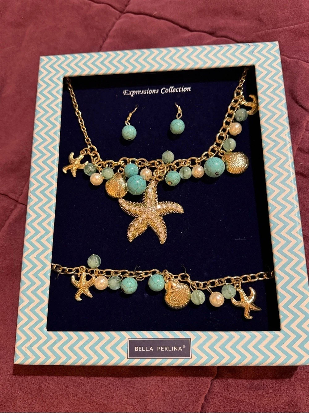 Bella Perlina Expressions Collection Gold & Blue Charm Jewelry Set NWT